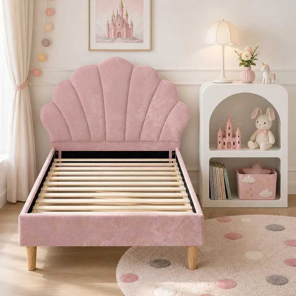 King Single Bed Frame Pink Velvet Scallop Headboard with Matching White Bedside Table Storage