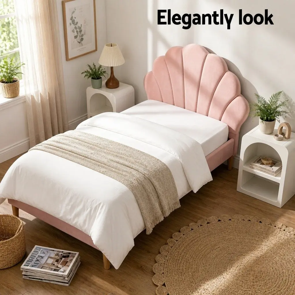 King Single Bed Frame Pink Velvet Scallop Headboard with Matching White Bedside Table Storage