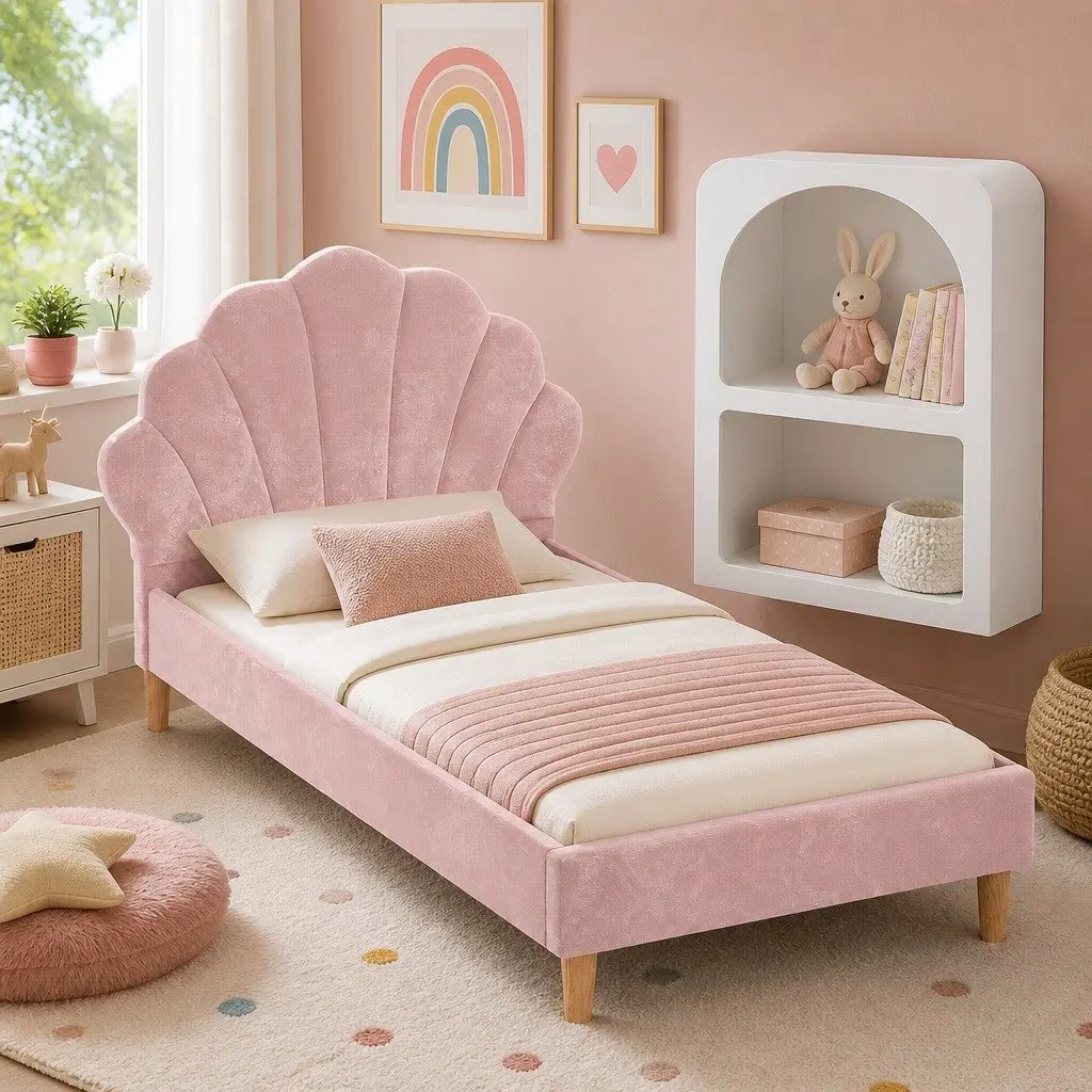 King Single Bed Frame Pink Velvet Scallop Headboard with Matching White Bedside Table Storage