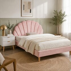 Double Bed Frame Scallop Headboard Pink Velvet with 2 Drawer Bedside Table Set