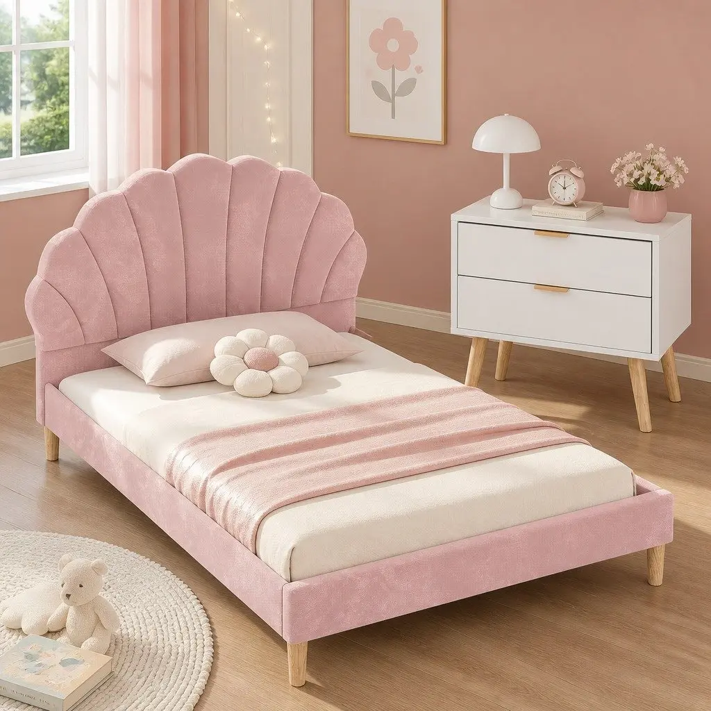 Double Bed Frame Pink Velvet with Scallop Headboard and 2 Drawer Bedside Table Set