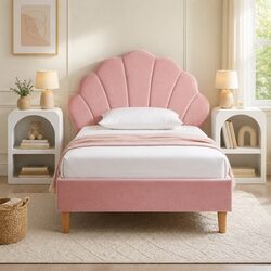 King Single Bed Frame with Two Bedside Tables, Velvet Pink