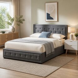 Compact Queen Gas Lift Bed Frame with Side Table Duo