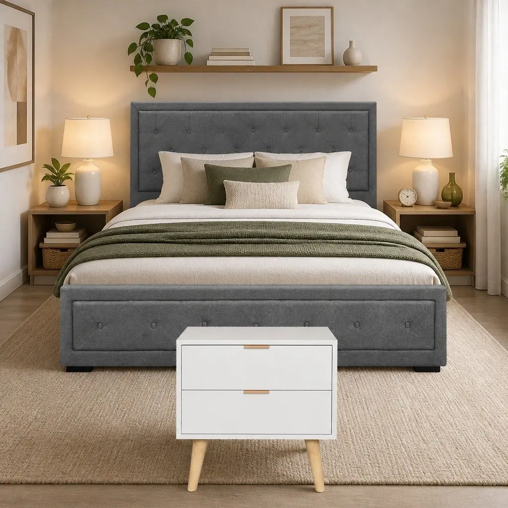 Queen Gas Lift Storage Bed Frame with 2-Drawer Bedside Table Bedroom Furniture