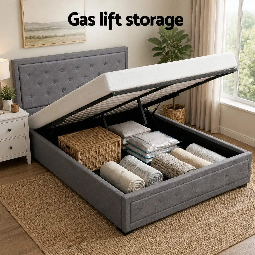 Queen Gas Lift Storage Bed Frame with 2-Drawer Bedside Table Bedroom Furniture
