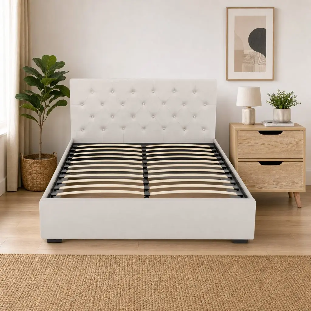 Double Bed Frame with Storage Gas Lift Base Tufted Headboard and 2-Drawer