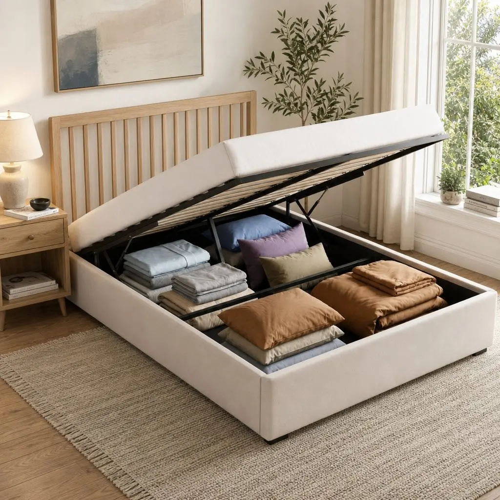 Double Bed Frame with Storage Gas Lift Base Tufted Headboard and 2-Drawer