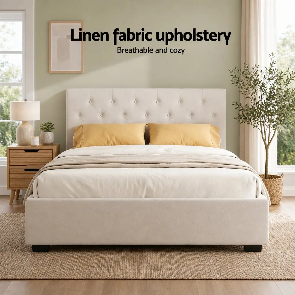 Double Bed Frame with Storage Gas Lift Base Tufted Headboard and 2-Drawer