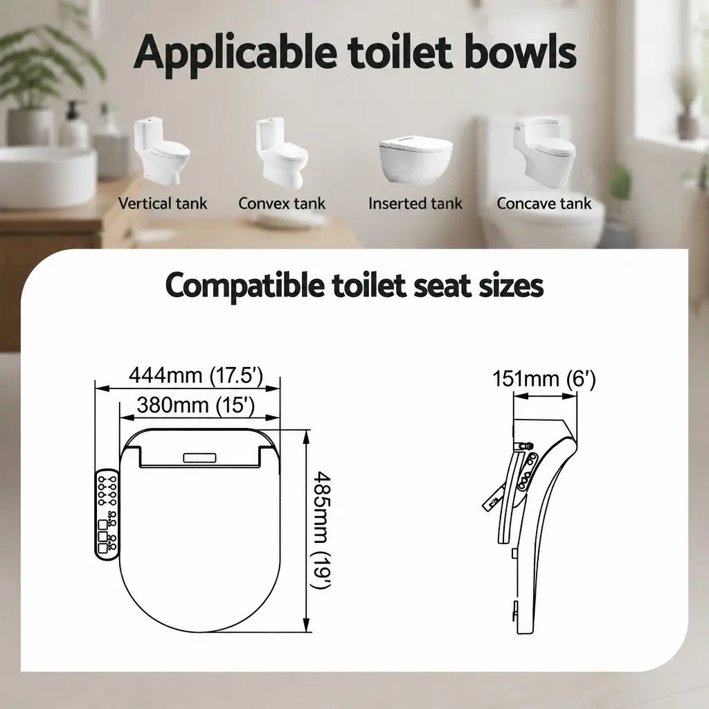 Electric Bidet Toilet Seat Cover White D-Shape Heated Wash Dryer