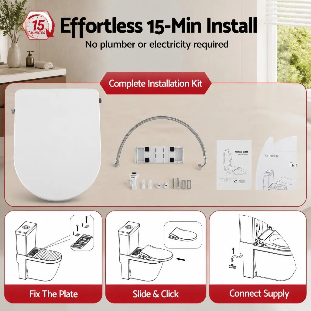 Non-Electric Bidet Toilet Seat White D-Shape Dual Nozzle Soft Close Quick Release