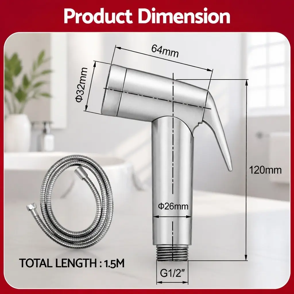 Handheld Bidet Sprayer Silver 1.5m Stainless Steel Hose Adjustable Water Pressure