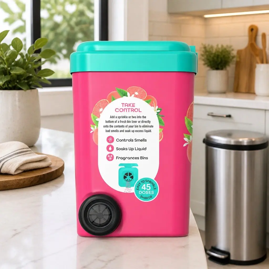 Bin Freshener Powder 450g Zesty Pink Grapefruit Odour Neutraliser for Household Bins