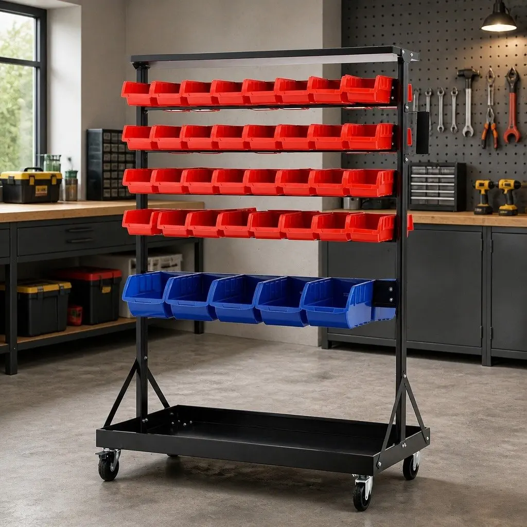 74 Bin Storage Rack Red Blue 5 Tier Double Sided Mobile Workshop Organizer Steel Frame
