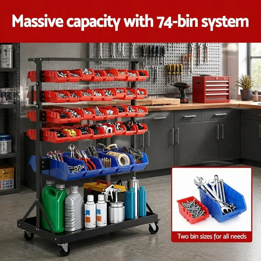 74 Bin Storage Rack Red Blue 5 Tier Double Sided Mobile Workshop Organizer Steel Frame
