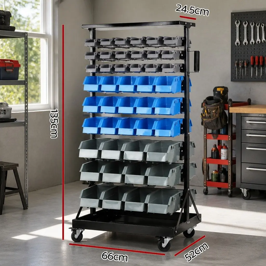90 Bin Storage Rack Black Double-Sided 9-Tier Steel Frame with Castor Wheels