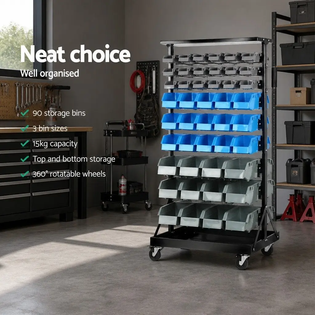 90 Bin Storage Rack Black Double-Sided 9-Tier Steel Frame with Castor Wheels