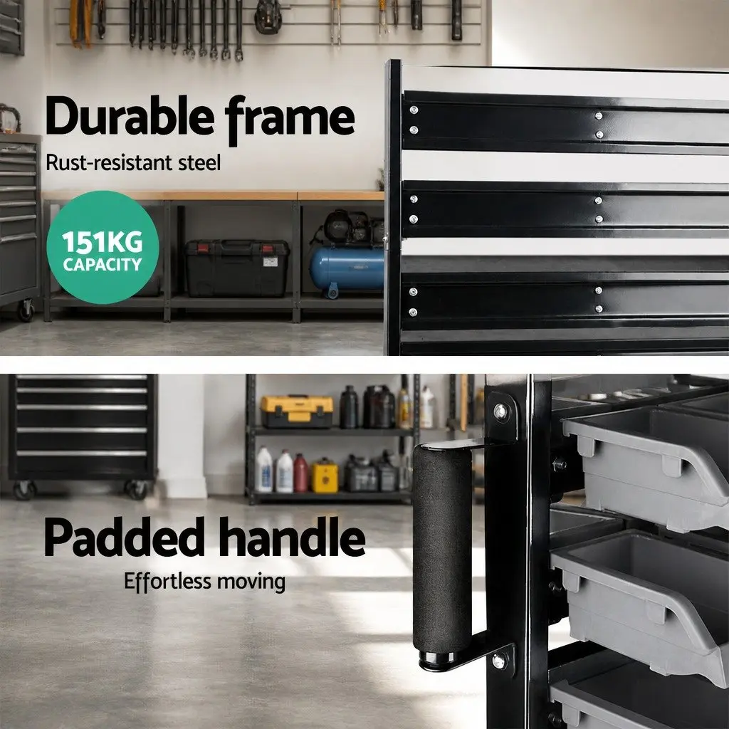 90 Bin Storage Rack Black Double-Sided 9-Tier Steel Frame with Castor Wheels