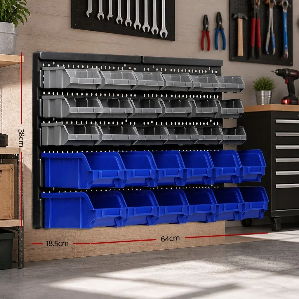 60 Bin Wall Storage Rack Grey Detachable Bins Pegboard System Heavy Duty