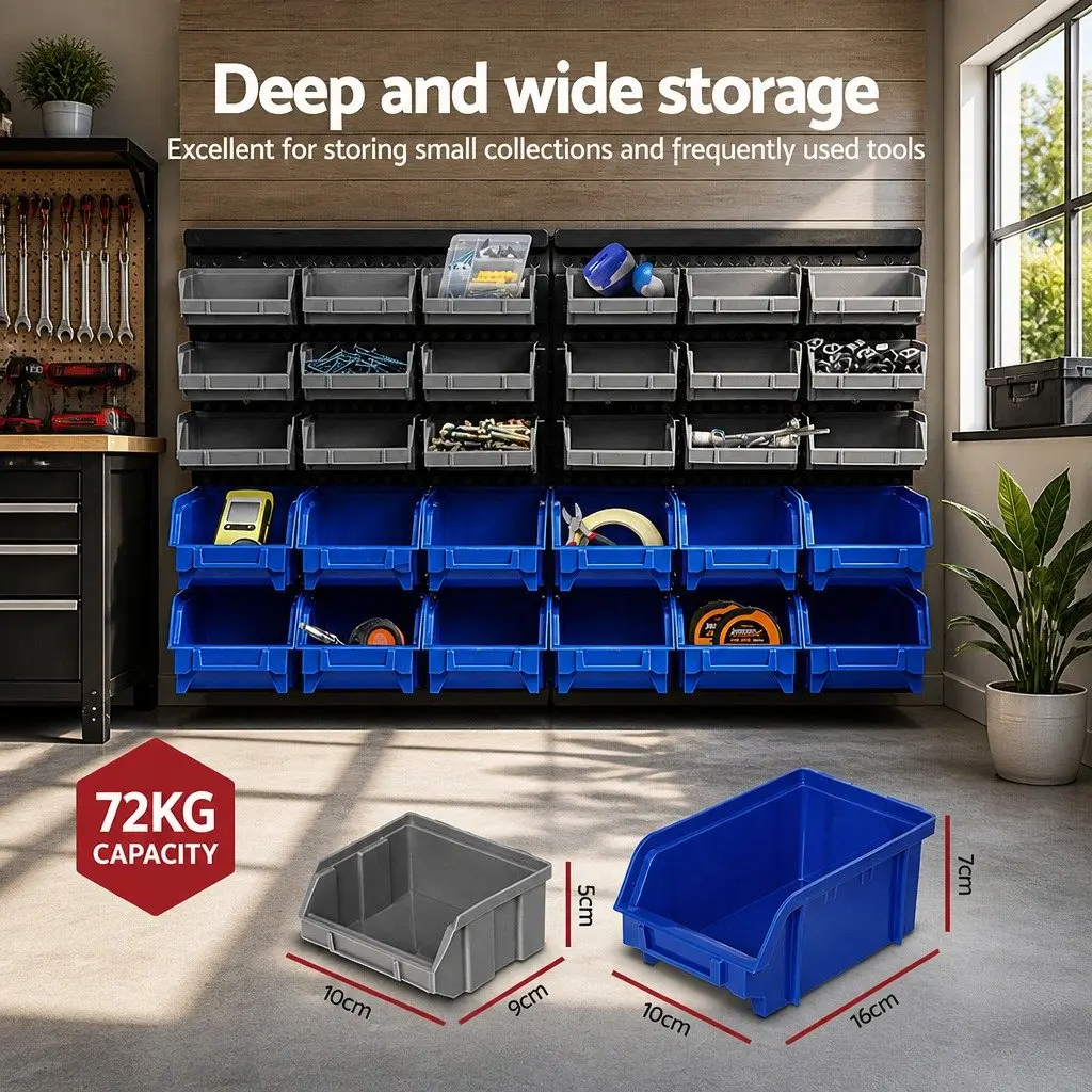 60 Bin Wall Storage Rack Grey Detachable Bins Pegboard System Heavy Duty