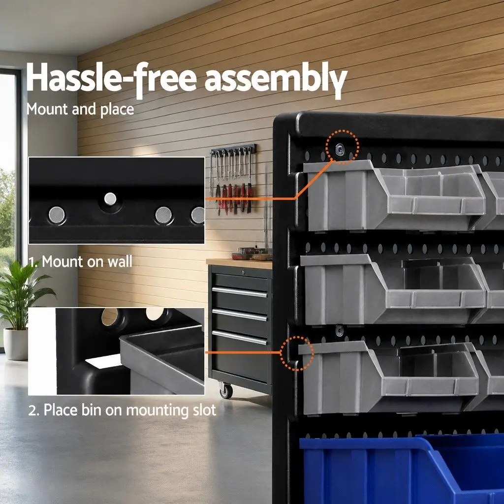 60 Bin Wall Storage Rack Grey Detachable Bins Pegboard System Heavy Duty