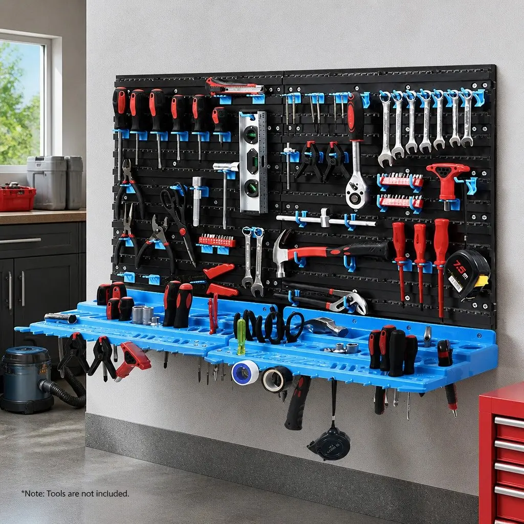 Wall Storage Rack Blue Black 4 Shelves 4 Pegboards Adjustable Organisation