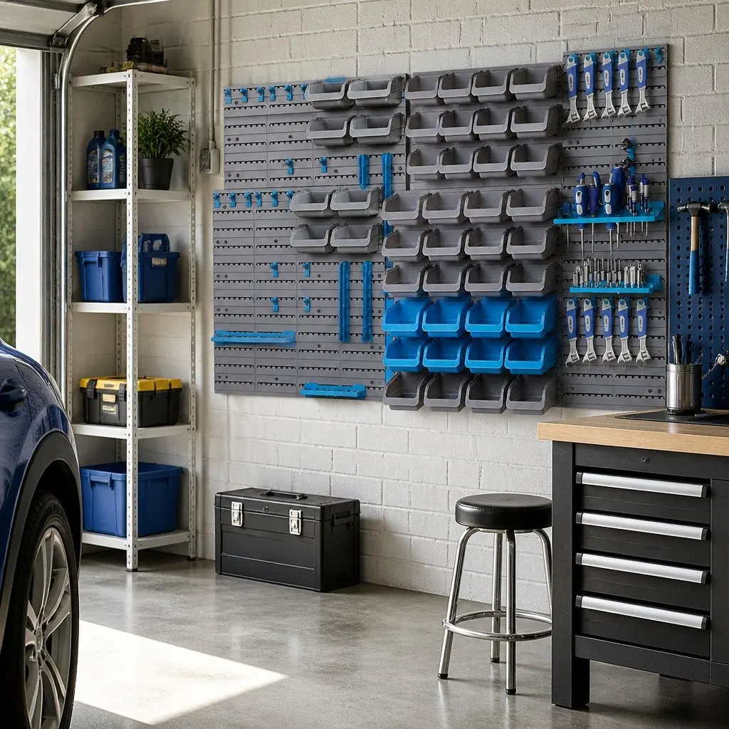 Wall Mounted Storage Bin Rack Blue 88 Parts Tool Organiser Garage Workshop Pegboard