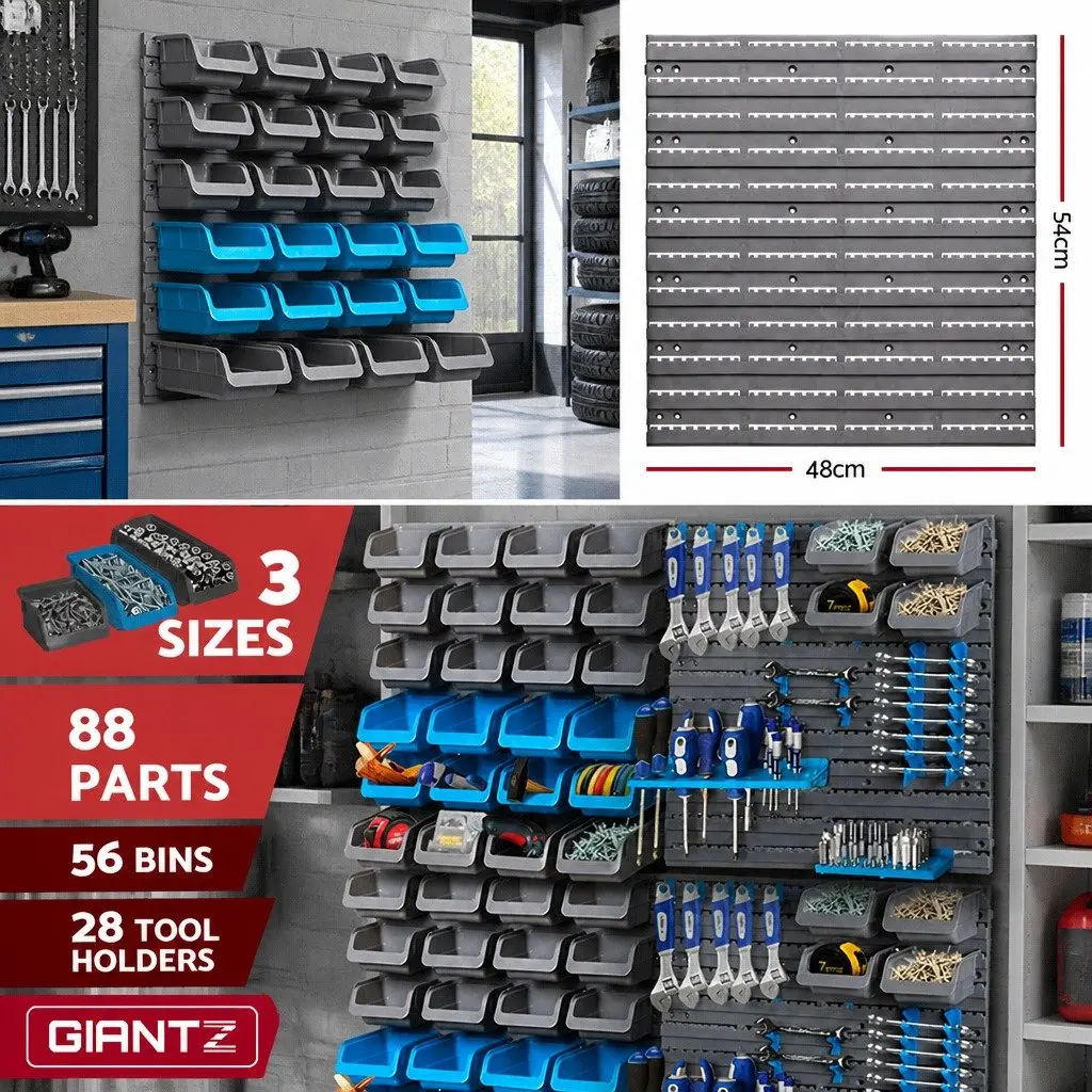 Wall Mounted Storage Bin Rack Blue 88 Parts Tool Organiser Garage Workshop Pegboard