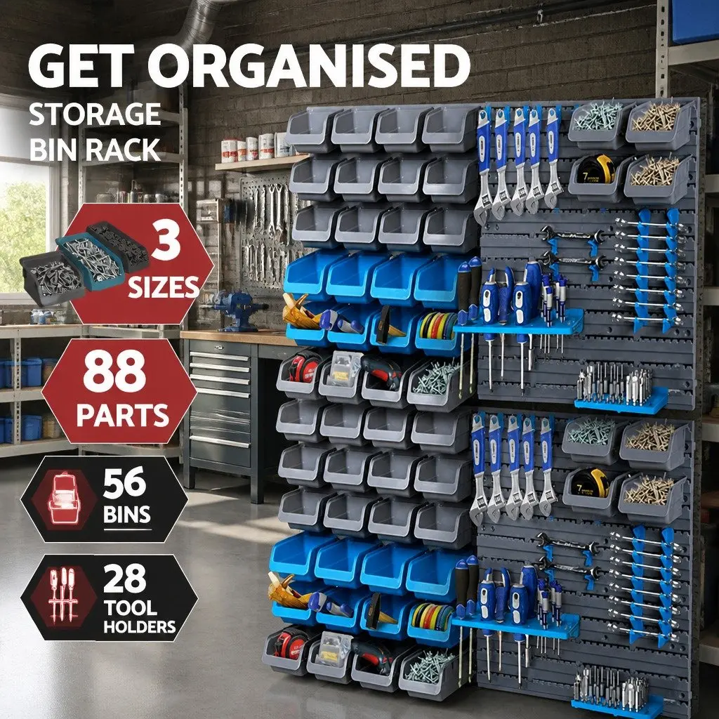 Wall Mounted Storage Bin Rack Blue 88 Parts Tool Organiser Garage Workshop Pegboard