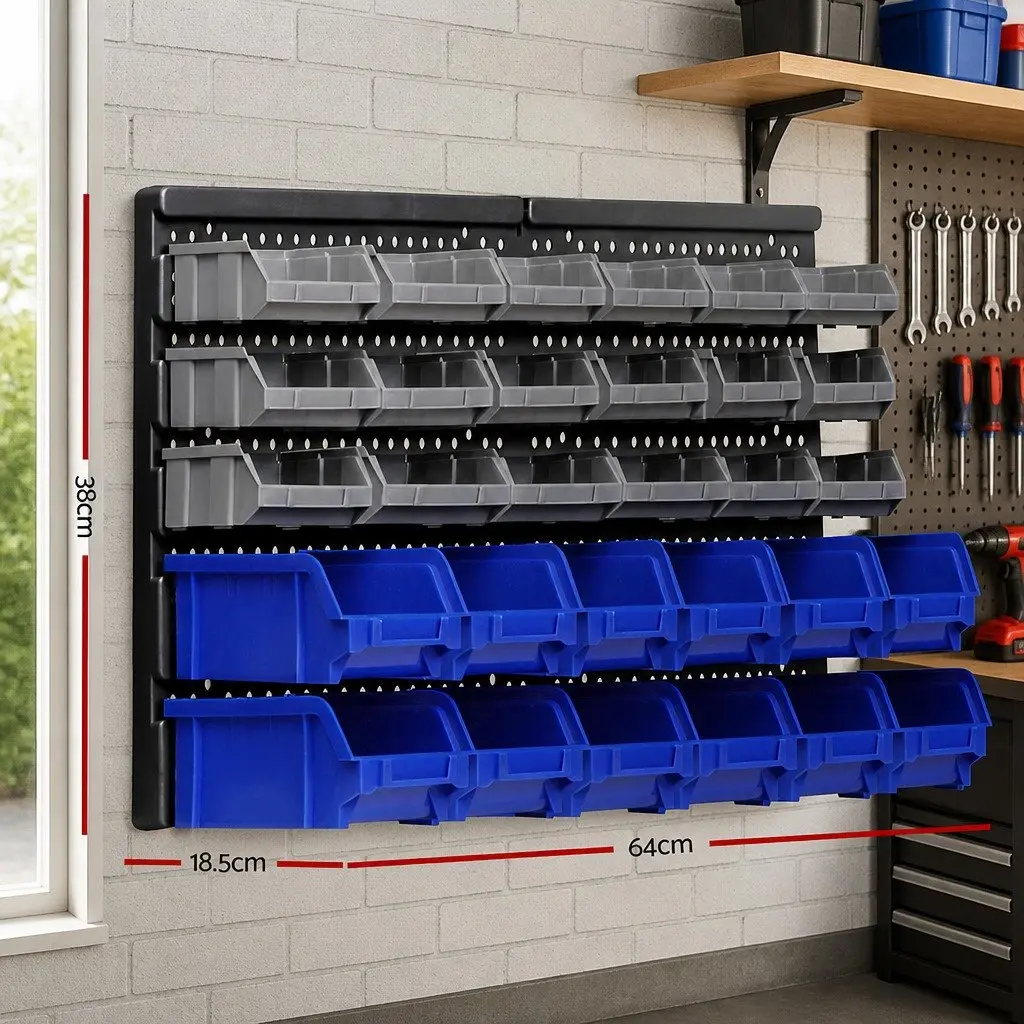 Wall Mounted Storage Rack Blue 30 Bin Detachable Tool Holder Organiser