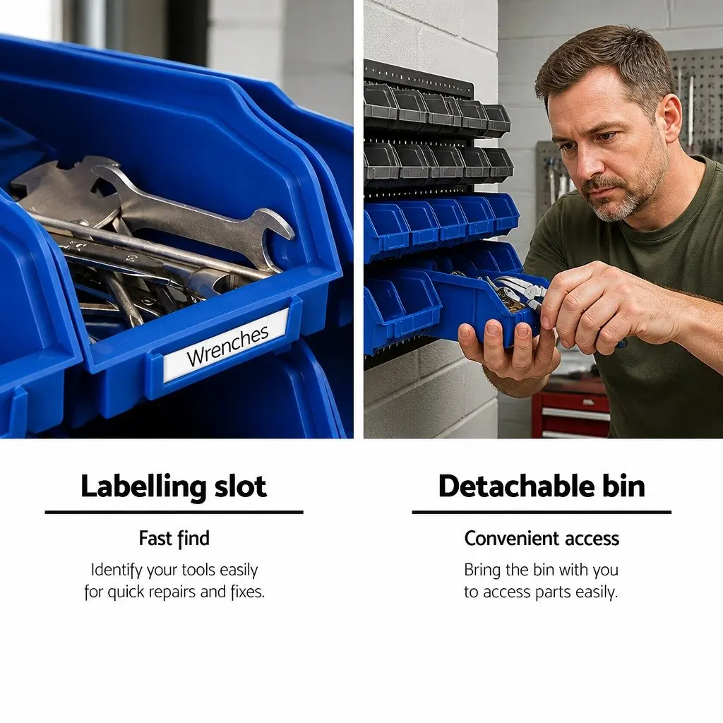 Wall Mounted Storage Rack Blue 30 Bin Detachable Tool Holder Organiser