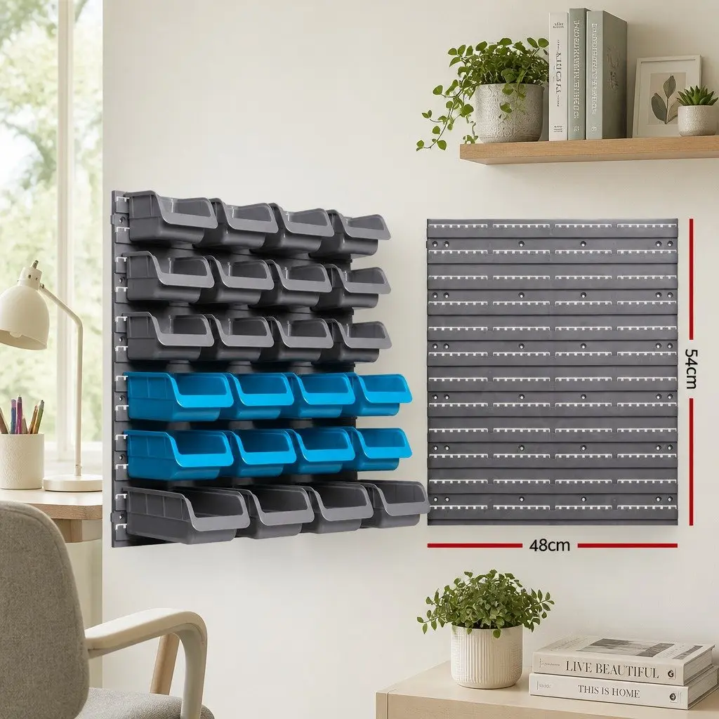 44 Piece Wall Mounted Storage Bin Rack Grey Detachable Bins Durable Peg Board