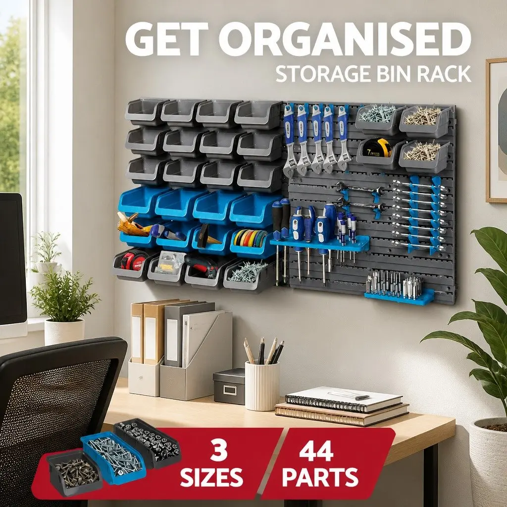 44 Piece Wall Mounted Storage Bin Rack Grey Detachable Bins Durable Peg Board