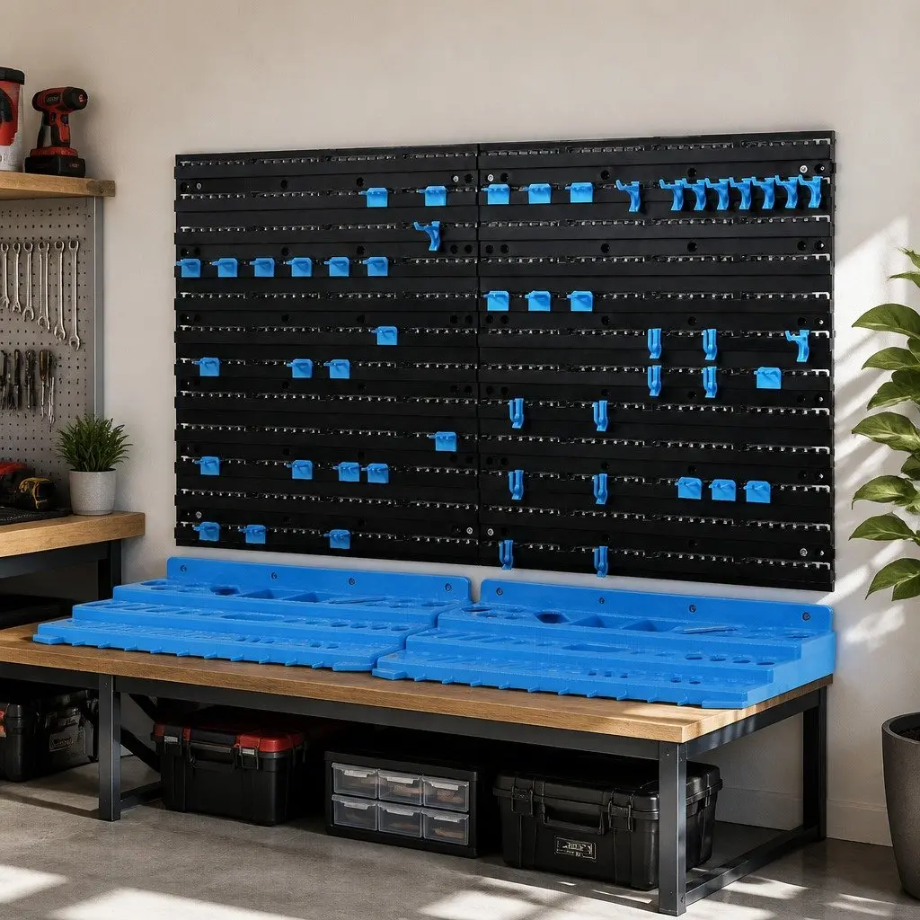 Wall Mounted Tool Storage Rack Blue and Black 54 Piece Adjustable Layout with Removable Tool Holders