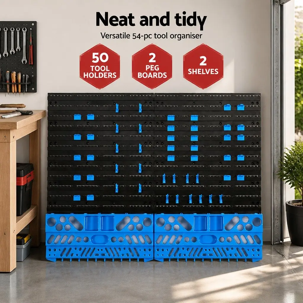 Wall Mounted Tool Storage Rack Blue and Black 54 Piece Adjustable Layout with Removable Tool Holders