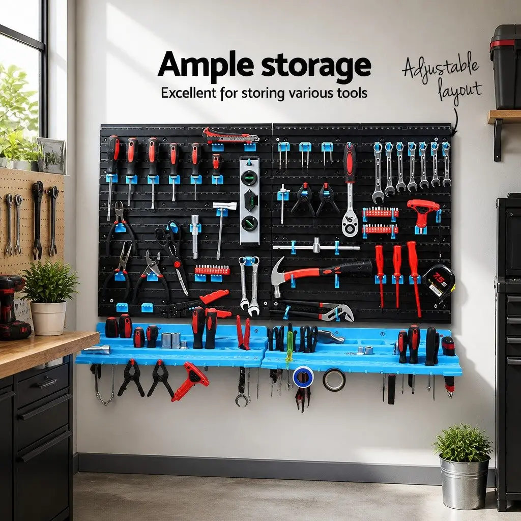 Wall Mounted Tool Storage Rack Blue and Black 54 Piece Adjustable Layout with Removable Tool Holders