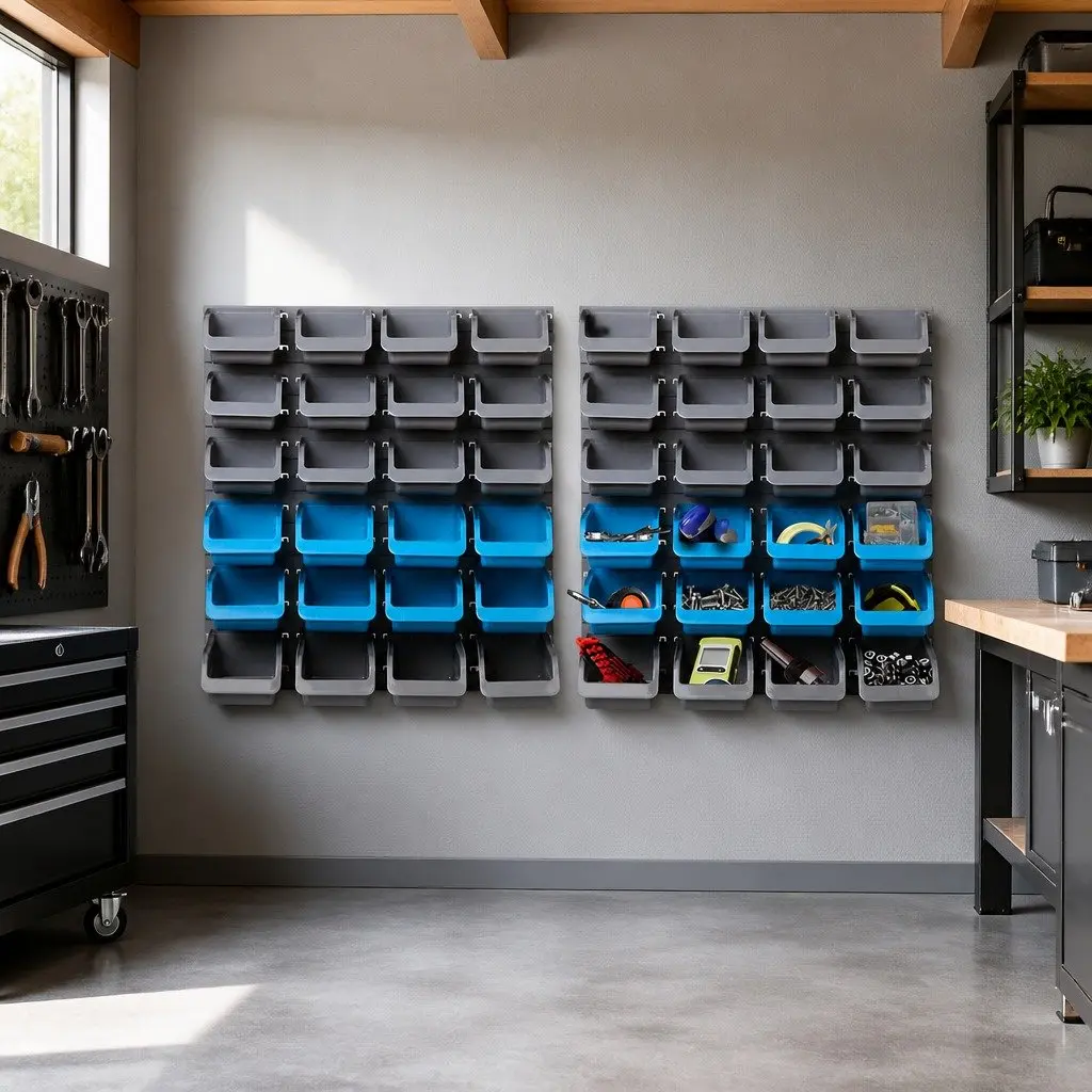 48 Bin Storage Rack Blue Wall Mounted Steel Organizer with Adjustable Pegboard