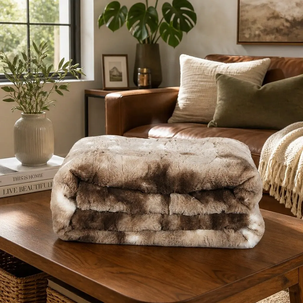 Tie-Dyed Faux Fur Blanket Brown Double-Sided Cozy Throw Indoor Outdoor Home