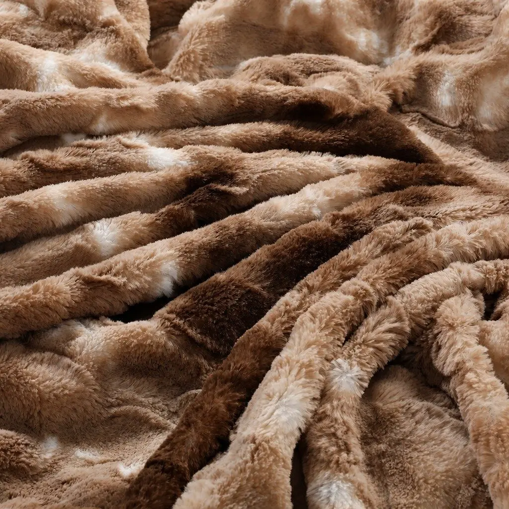 Tie-Dyed Faux Fur Blanket Brown Double-Sided Cozy Throw Indoor Outdoor Home