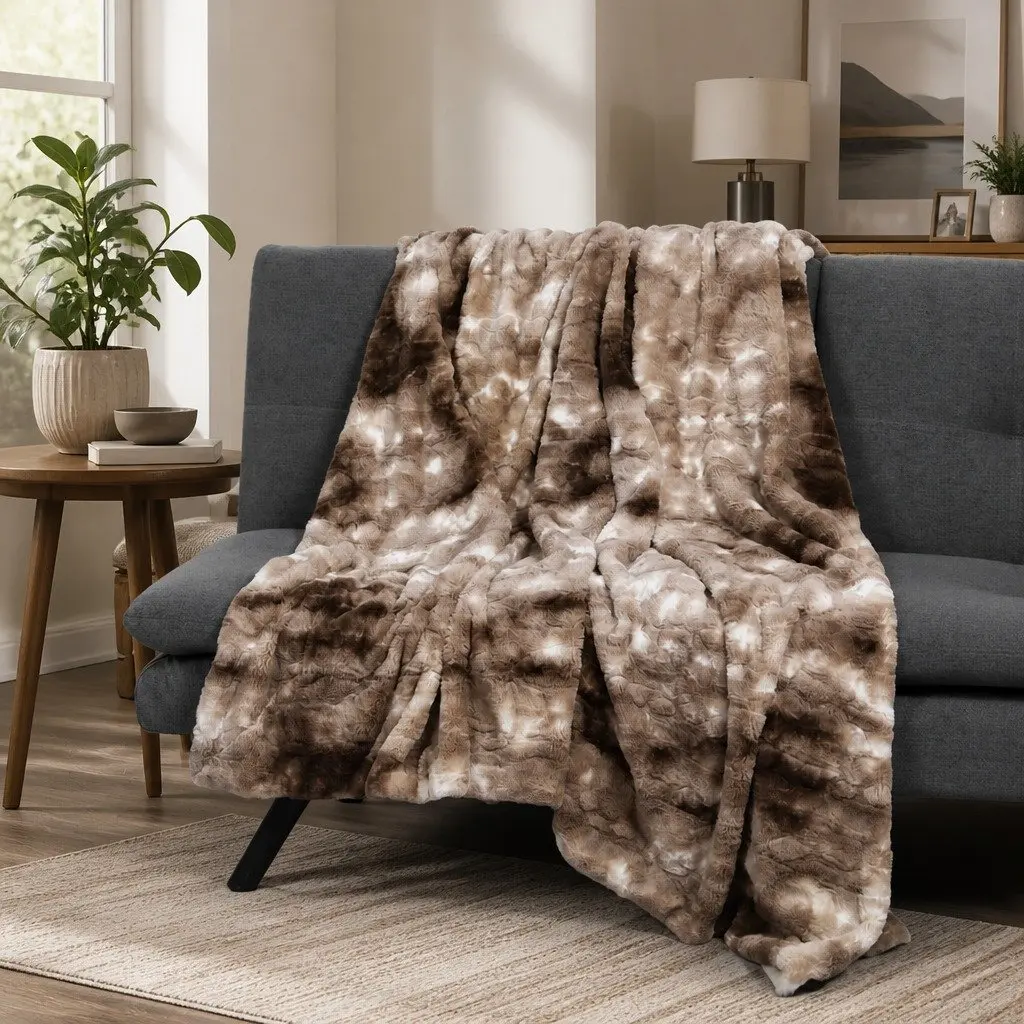 Tie-Dyed Faux Fur Blanket Brown Double-Sided Cozy Throw Indoor Outdoor Home