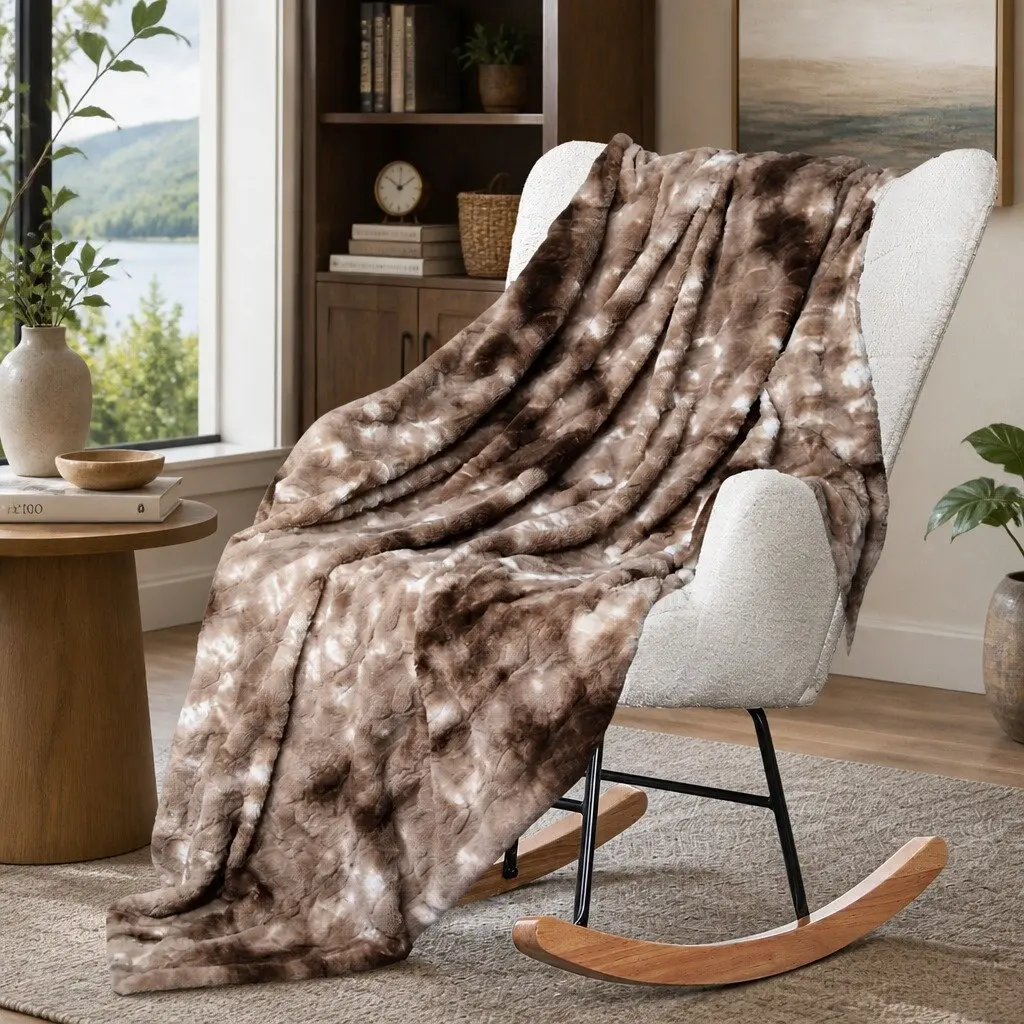 Tie-Dyed Faux Fur Blanket Brown Double-Sided Cozy Throw Indoor Outdoor Home