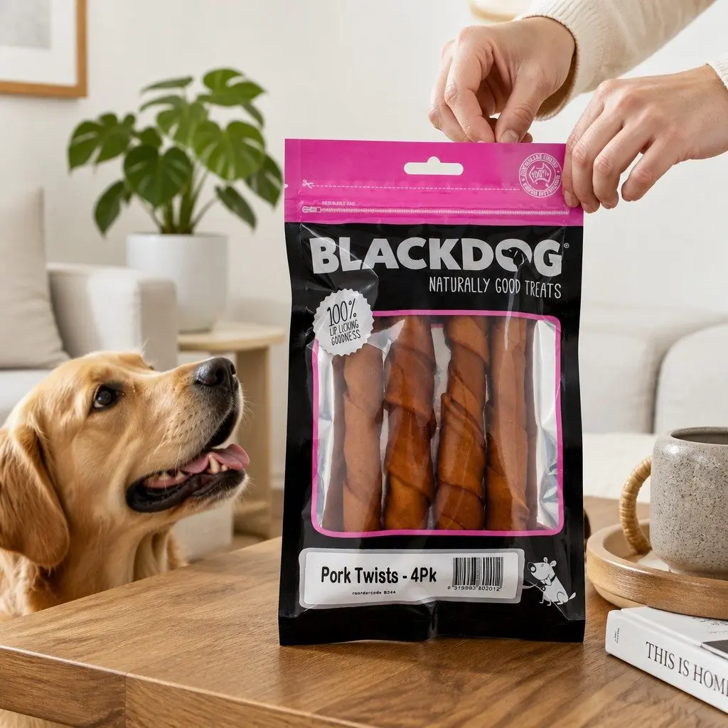 Natural Chewy Dog Treats Pork Twists High Protein 4 Pack Air Dried Snacks
