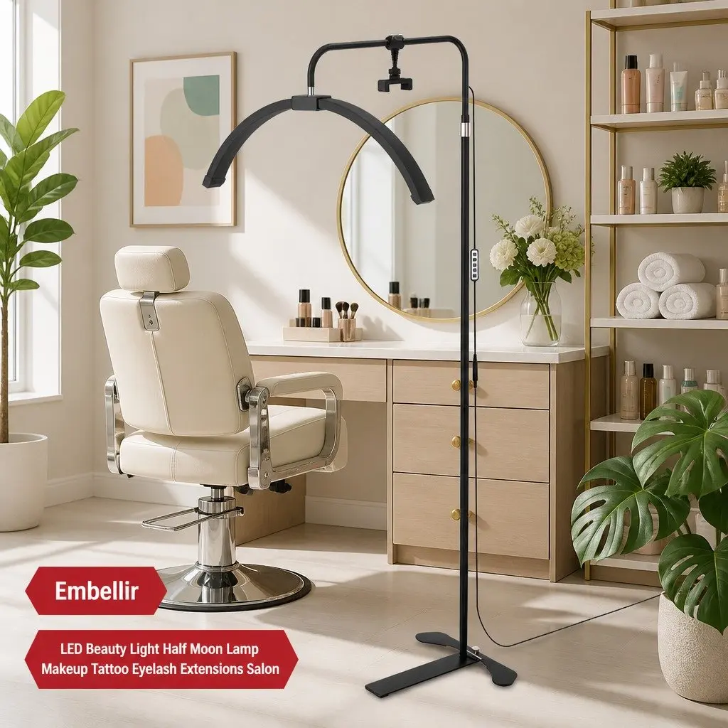 LED Half Moon Beauty Light Black Adjustable Brightness Colour Temperature 252 Beads 360 Degree Rotation Detachable Phone Holder