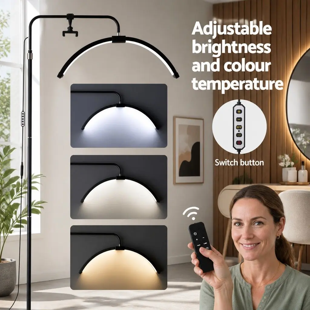 LED Half Moon Beauty Light Black Adjustable Brightness Colour Temperature 252 Beads 360 Degree Rotation Detachable Phone Holder