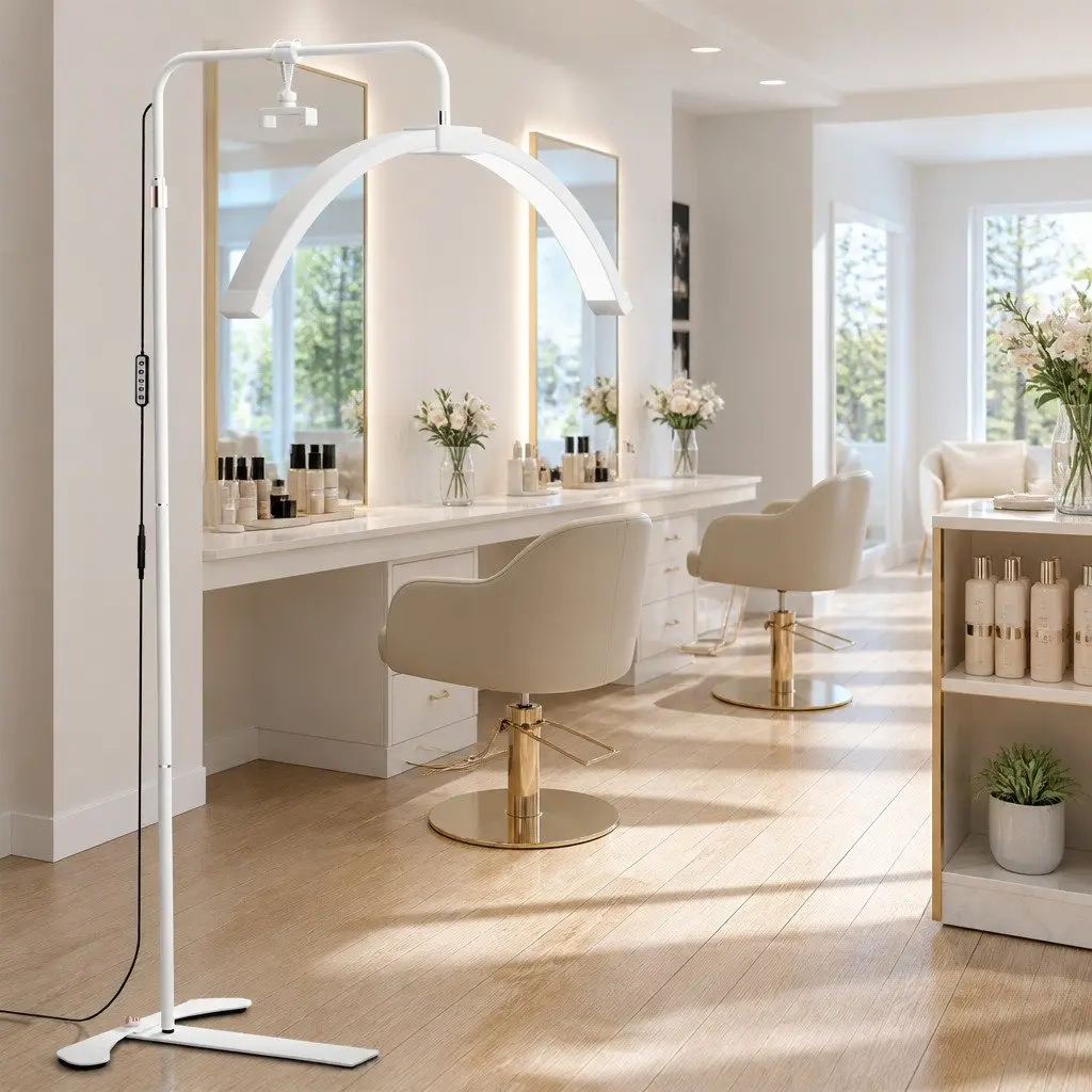LED Makeup Mirror White Half Moon 360 Degree Rotation Adjustable Brightness Colour Temperature