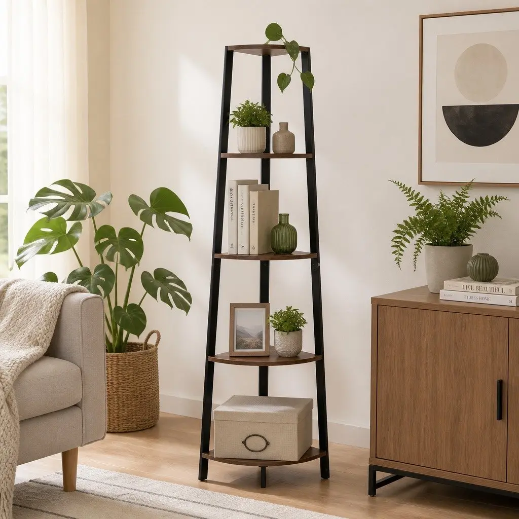 5 Tier Corner Shelf Industrial Ladder Bookcase Storage Display Stand Shelving
