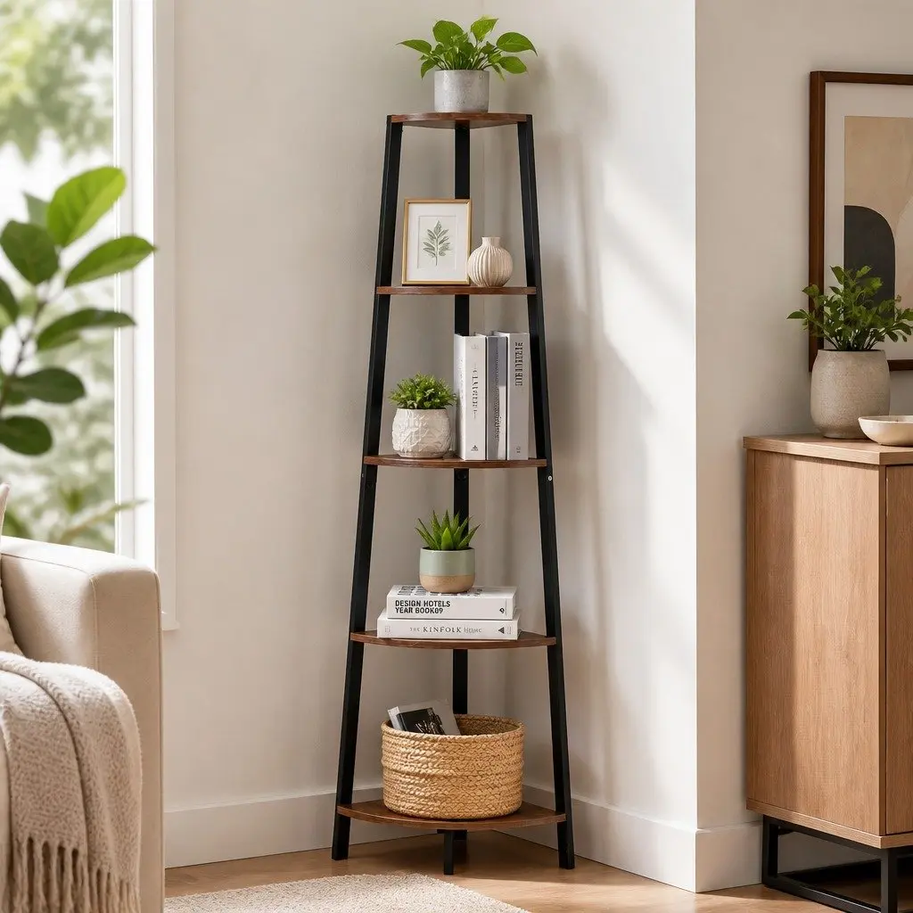 5 Tier Corner Shelf Industrial Ladder Bookcase Storage Display Stand Shelving