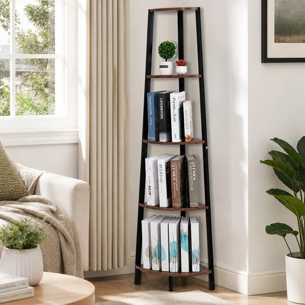 5 Tier Corner Shelf Industrial Ladder Bookcase Storage Display Stand Shelving