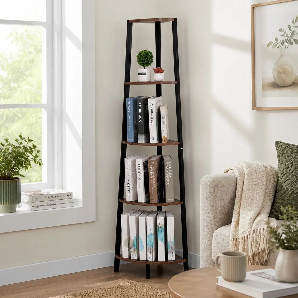5 Tier Corner Shelf Industrial Ladder Bookcase Storage Display Stand Shelving
