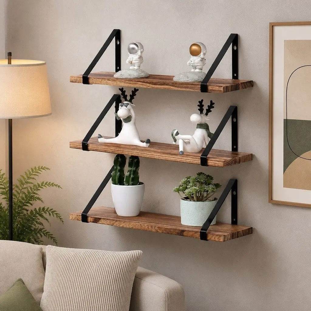 Floating Shelf Natural 43cm Wall Storage Display Rack Five Tier DIY Installation