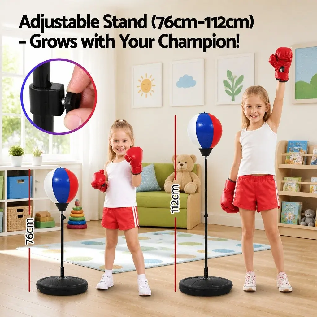 Kids Punching Bag Stand Set Blue Adjustable 76-112cm Freestanding with Boxing Gloves and Pump